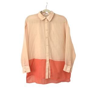 BCBGeneration Color Block Coral Orange Pink Linen Button Down Blouse Size XS